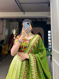 Pista Green Tussar Silk Printed Foil Worked Lehenga Choli - women's fashion mart