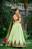 Pista Green Tussar Silk Printed Foil Worked Lehenga Choli - women's fashion mart