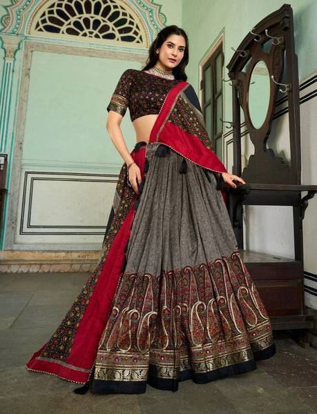 Amazing Tussar Silk Kashmiri Printed Foil Worked Lehenga Choli - women's fashion mart