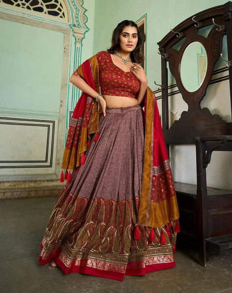 Outstanding Onion Tussar Silk Kashmiri Printed Foil Worked Lehenga Choli - women's fashion mart
