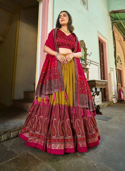 Marvelous Mustard Tussar Silk Kashmiri Printed Foil Worked Lehenga Choli - women's fashion mart