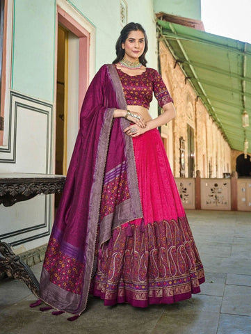 Precious Pink Tussar Silk Kashmiri Printed Foil Worked Lehenga Choli -Lehenga Choli Semi Stitched women's fashion mart