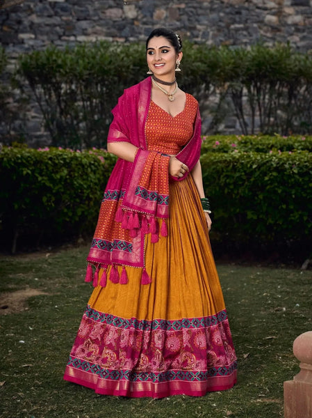 Mustard Yellow Festival Wear Tussar Silk Lehenga Choli - women's fashion mart
