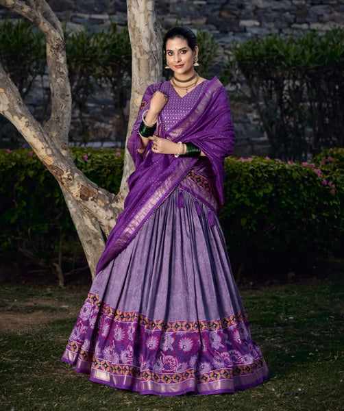Purple Wedding Wear Tussar Silk Printed Lehenga Choli Set - women's fashion mart