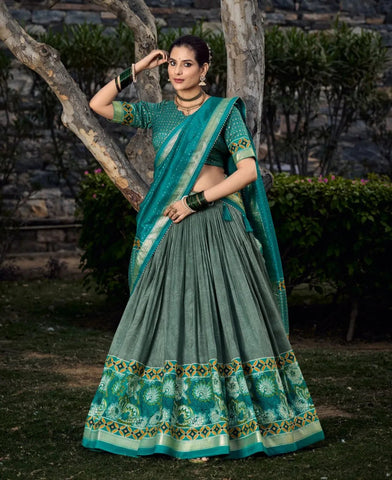 Wedding Wear Tussar Silk Floral Printed Lehenga Choli Set - women's fashion mart