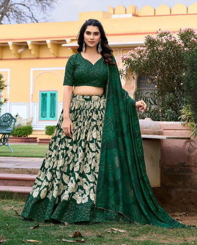 Dazzling Tussar Silk Floral Printed Lehenga Choli Set -Lehenga Choli Semi Stitched women's fashion mart