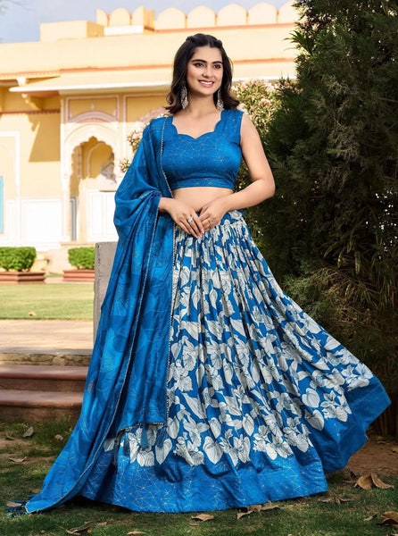 Lovely Royal Blue Tussar Silk Floral Printed Lehenga Choli Set - women's fashion mart