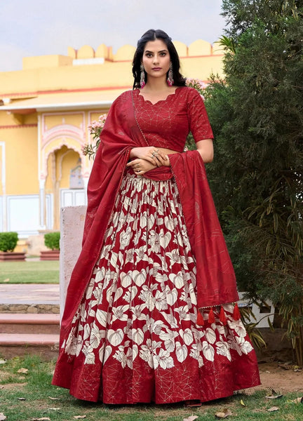 Ravishing Red Tussar Silk Floral Printed Lehenga Choli Set - women's fashion mart