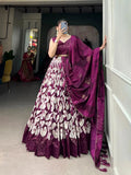 Wonderful Wine Tussar Silk Floral Printed Lehenga Choli Set - women's fashion mart