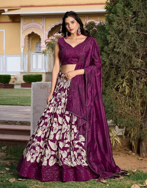 Wonderful Wine Tussar Silk Floral Printed Lehenga Choli Set - women's fashion mart