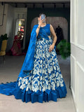 Lovely Royal Blue Tussar Silk Floral Printed Lehenga Choli Set - women's fashion mart