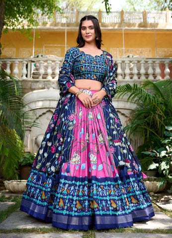 Adorable Pink Patola Print Zari Weaving Border Work Lehenga Choli -Lehenga Choli Semi Stitched women's fashion mart