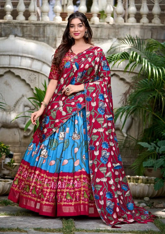 Tussar Silk Patola Print Zari Weaving Border Work Lehenga Choli - women's fashion mart