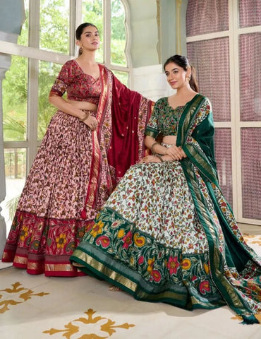 Amazing Tussar Silk Floral Printed Foil Worked Lehenga Choli Set - women's fashion mart
