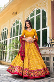 Wear Tussar Silk Leheriya Printed Lehenga Choli Set -Lehenga Choli Red / Semi Stitched women's fashion mart