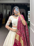 White Khadi Cotton Sequins Thread Embroidered Lehenga Set -Lehenga Choli Flower / Semi Stitched women's fashion mart