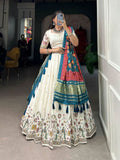 White Khadi Cotton Sequins Thread Embroidered Lehenga Set -Lehenga Choli Peacock / Semi Stitched women's fashion mart