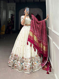 White Khadi Cotton Sequins Thread Embroidered Lehenga Set -Lehenga Choli Temple / Semi Stitched women's fashion mart