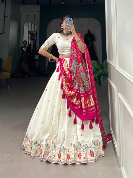 White Khadi Cotton Sequins Thread Embroidered Designer Lehenga Set - women's fashion mart