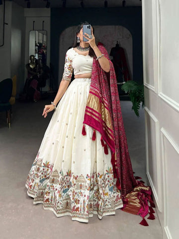 White Khadi Cotton Sequins Thread Embroidered Lehenga Set -Lehenga Choli Flower / Semi Stitched women's fashion mart