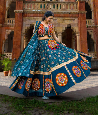 Teal Blue Colored Navratri Festival Wear Lehenga Choli Set - women's fashion mart