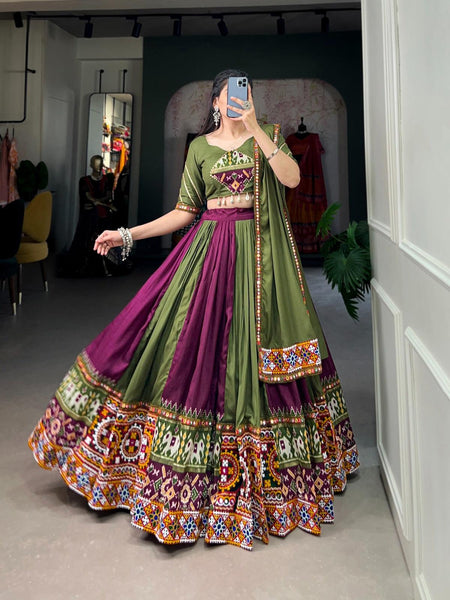 Navratri Wear Rayon Printed Silk Mirror Worked Lehenga Set - women's fashion mart