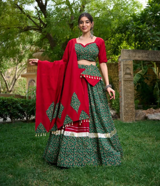 Mehendi Green Gota Patti Lace Border Worked Navratri Lehenga Choli Set - women's fashion mart