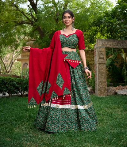 Mehendi Green Gota Patti Lace Border Worked Navratri Lehenga Choli Set - women's fashion mart