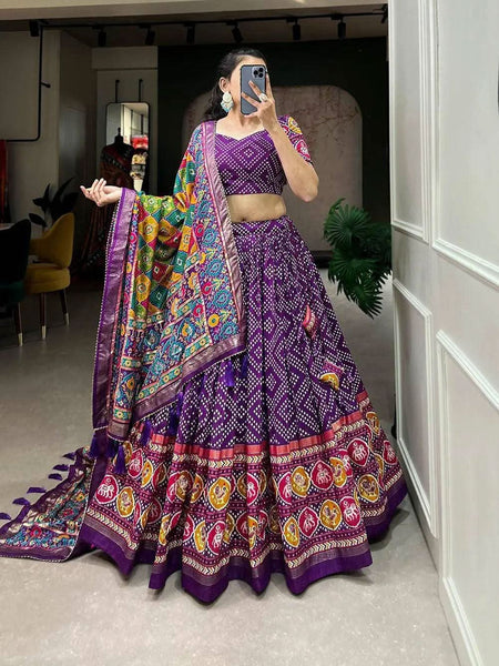Outstanding and ly Printed Tussar Silk Lehenga Choli -Lehenga Choli Purple / Semi Stitched women's fashion mart