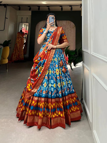 Awesome Tussar Silk Patola Printed Foil Worked Lehenga Choli - women's fashion mart