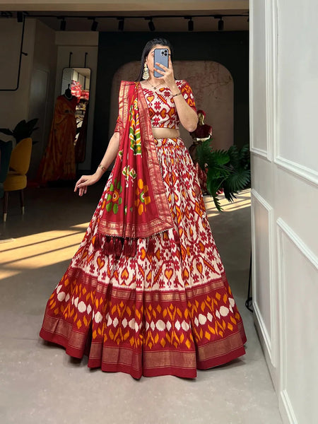 Awesome Tussar Silk Patola Printed Foil Worked Lehenga Choli - women's fashion mart