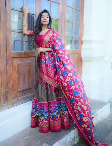 Gray Dola Silk Printed Foil Worked Lehenga Choli Set - women's fashion mart
