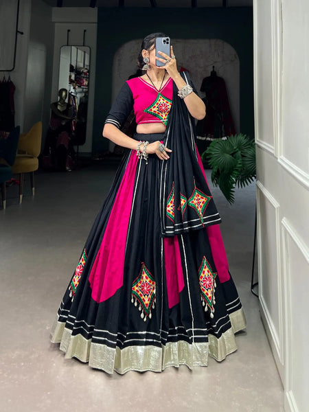 Pink Black Pure Cotton Gamthi Gota Patti Worked Navratri Lehenga Choli - women's fashion mart