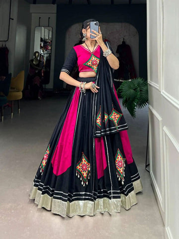 Pink Black Pure Cotton Gamthi Gota Patti Worked Lehenga Choli -Lehenga Choli XS women's fashion mart