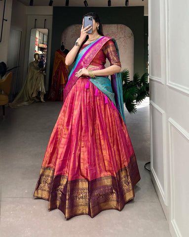 Pink Kanjivaram Silk Zari Weaving Worked Lehenga Choli Set - women's fashion mart