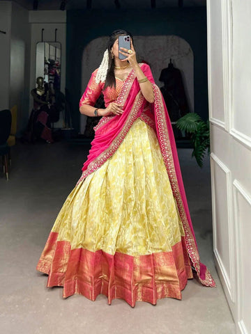 Amazing Jacquard Silk Zari Weaving Worked Lehenga Choli Set -Lehenga Choli Cream / Semi Stitched women's fashion mart