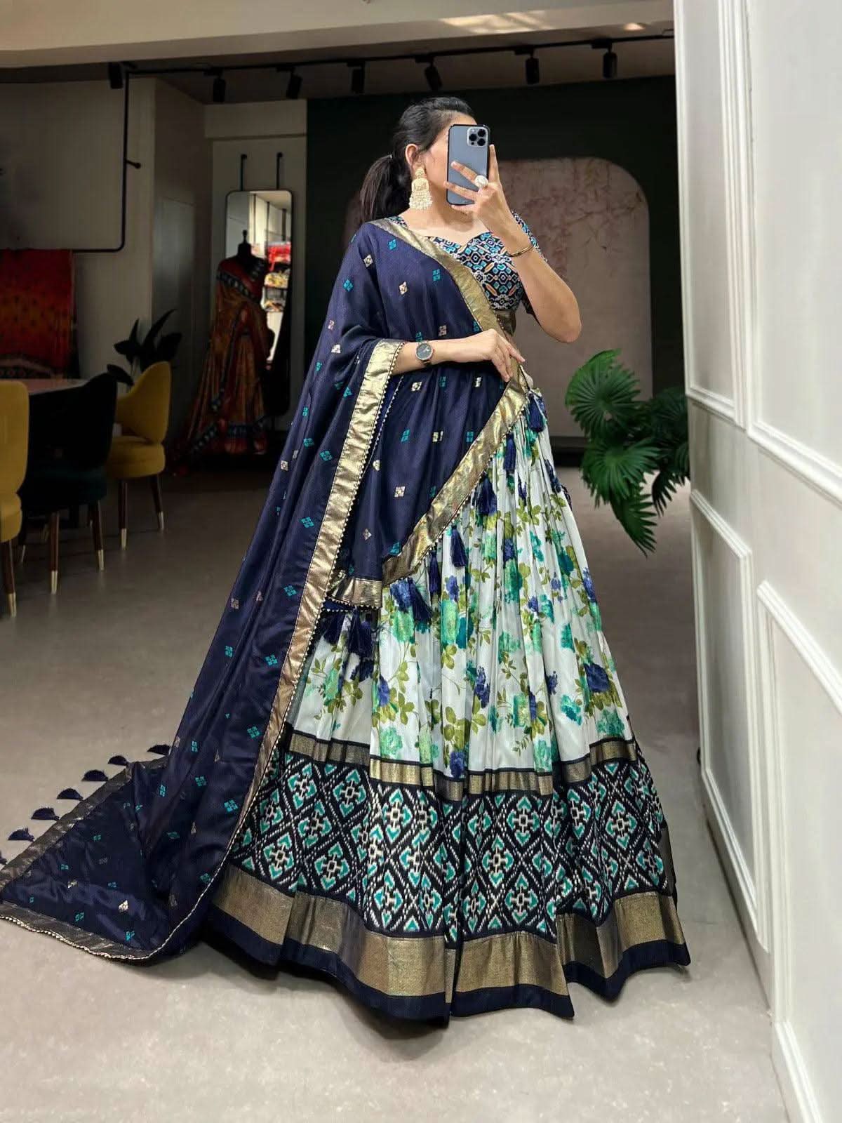 Exquisite Tussar Silk Lehenga Choli Set -Lehenga Choli Navy Blue / Semi Stitched women's fashion mart