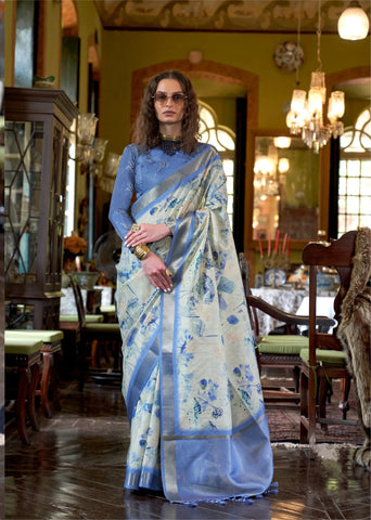 Dazzling Dusty Blue Banarasi Silk Digital Printed Traditional Saree - women's fashion mart