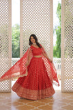 Pure Dyable Viscous Jacquard Double Zari Worked Lehenga Choli -Lehenga Choli Red / Semi Stitched women's fashion mart