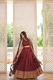 Pure Dyable Viscous Jacquard Double Zari Worked Lehenga Choli -Lehenga Choli Wine / Semi Stitched women's fashion mart