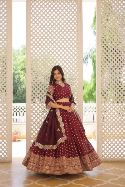 Pure Dyable Viscous Jacquard Double Zari Worked Lehenga Choli -Lehenga Choli Wine / Semi Stitched women's fashion mart