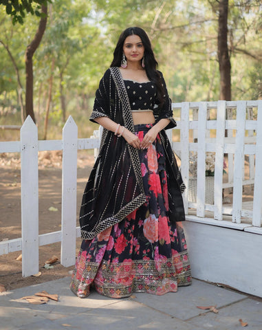Black Floral Digital Printed Sequins Embroidered Lehenga Choli - women's fashion mart