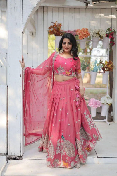 Elegant and Outstanding Embroidered Lehenga Choli -Lehenga Choli Pink / Semi Stitched women's fashion mart