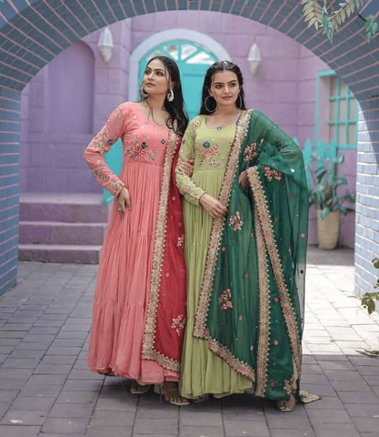 Dazzling Faux Georgette Embroidered Thread Worked Gown With Dupatta -Gowns Peach / S women's fashion mart