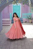 Dazzling Faux Georgette Embroidered Thread Worked Gown With Dupatta -Gowns Peach / S women's fashion mart