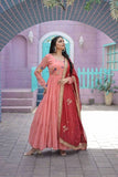 Dazzling Faux Georgette Embroidered Thread Worked Gown With Dupatta -Gowns Peach / S women's fashion mart