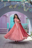 Dazzling Faux Georgette Embroidered Thread Worked Gown With Dupatta -Gowns Peach / S women's fashion mart