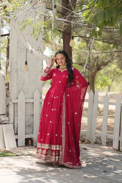 Gorgeous Faux Georgette Rich Sequins Embroidered Gown With Dupatta -Gowns Pink / M women's fashion mart