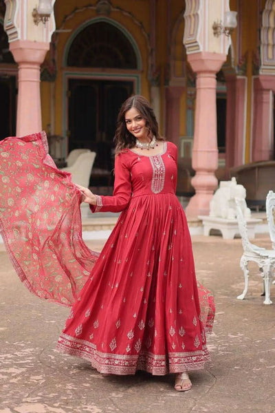 Festival Wear Chinon Rich Sequins Embroidered Gown -Gowns Maroon / M women's fashion mart