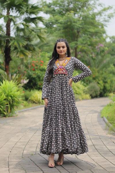 Heavy Cotton Printed and Kutchi Design Gown For Navratri - women's fashion mart